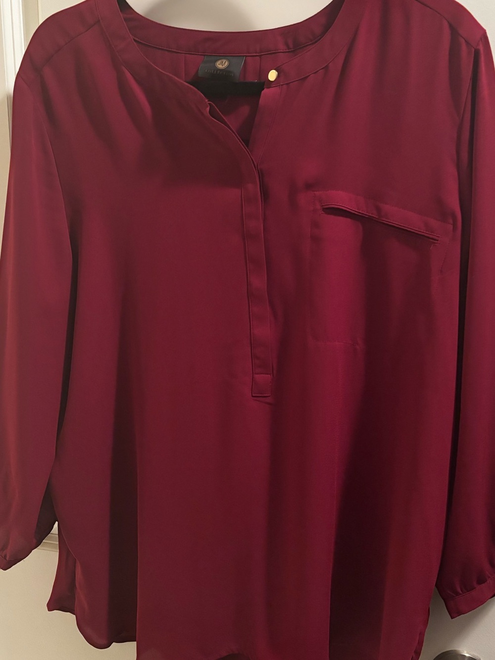 JM Collection (Macy's) Burgundy Split-Neck Blouse with Chest Pocket